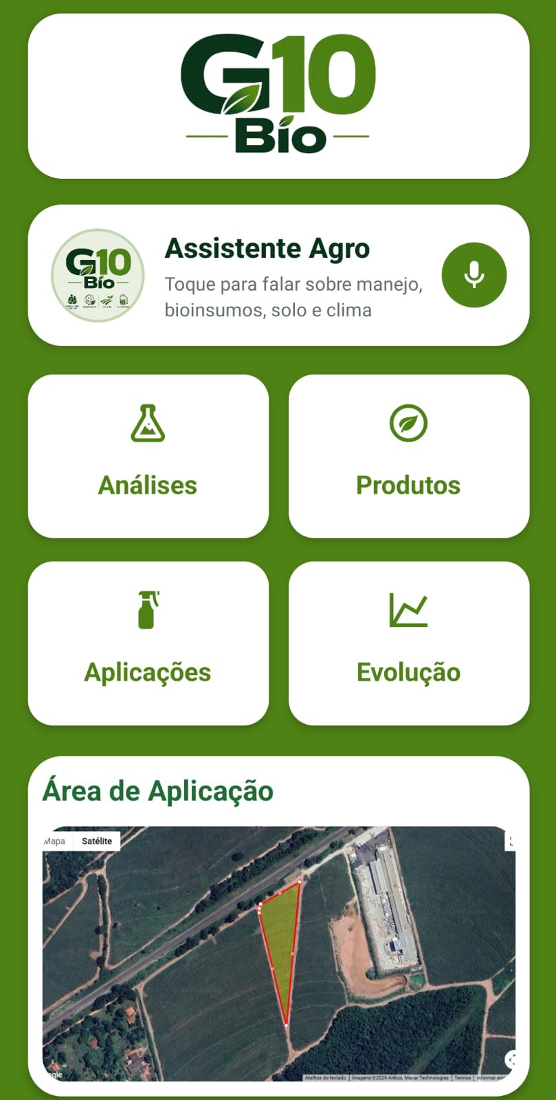 Tela do aplicativo G10 Bio com assistente agro, análises, produtos, aplicações e evolução